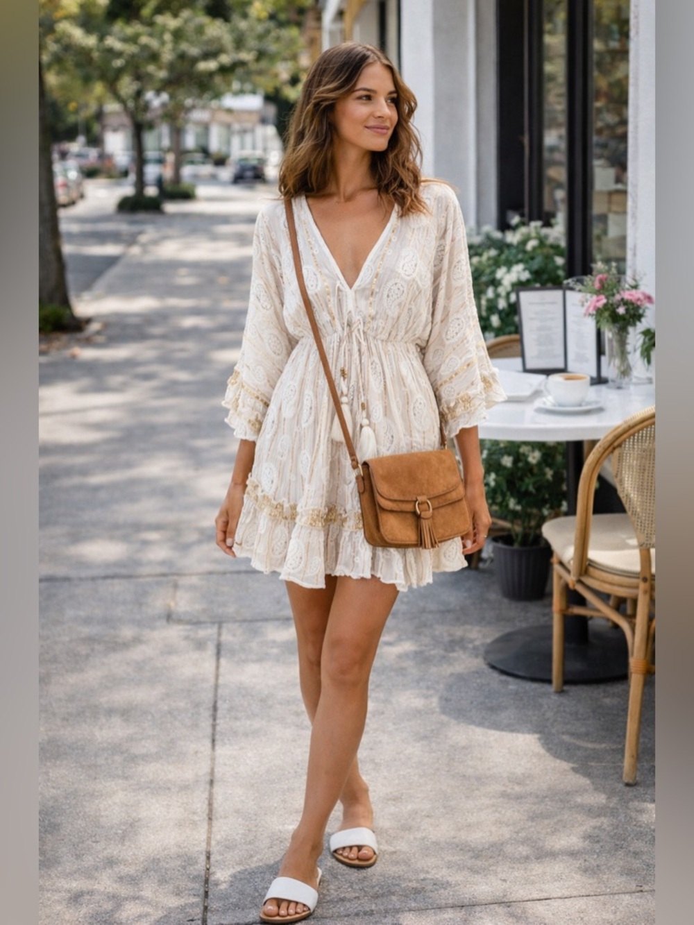 Boho White Embroidered Mini Dress India Cotton Tassel Tie Flowy Beach Brunch OS